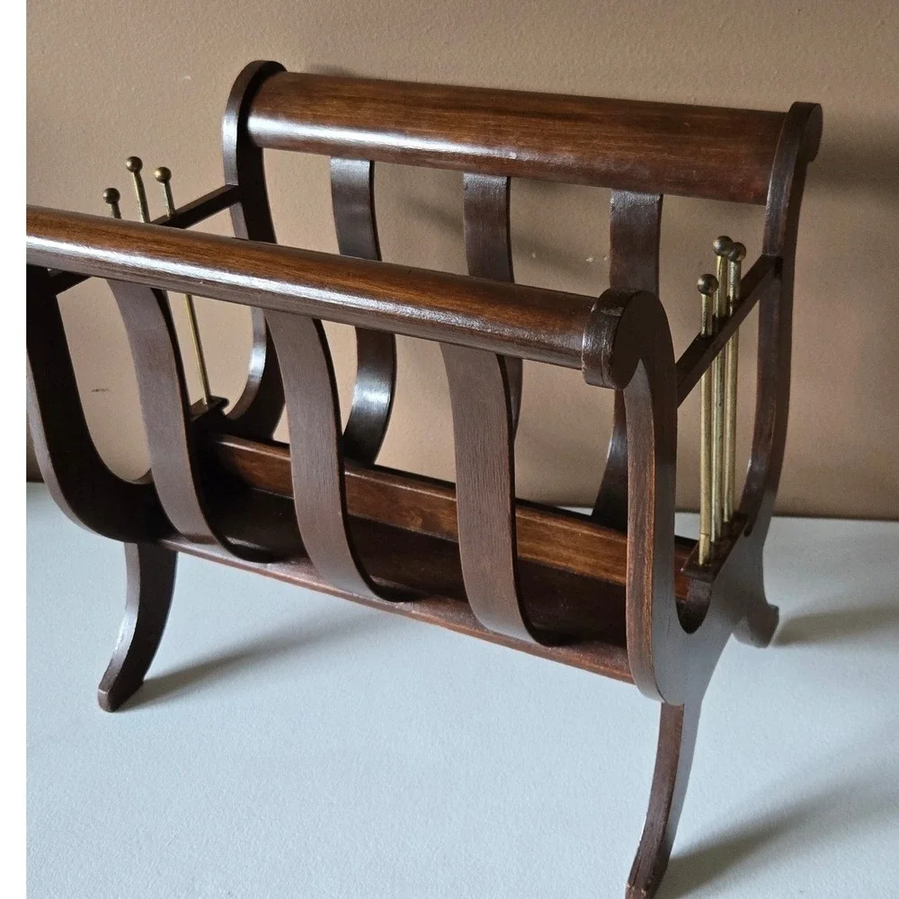 Vintage Brandt Mahogany Magazine Rack Brass Lyre Canterbury Hagerstown MD 3506